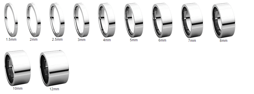 Examples of Flat white gold wedding bands in variety of sizes