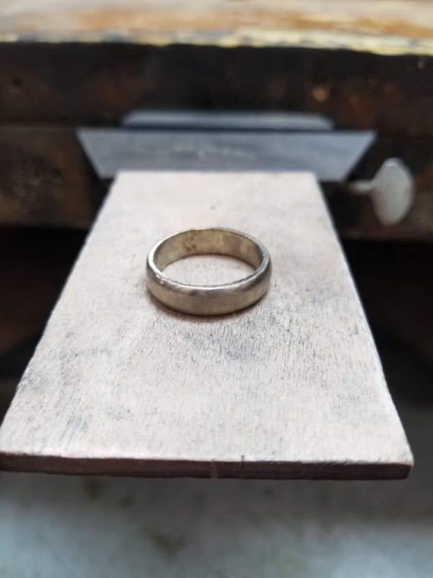 Wedding Ring in the making 14K white gold band Bench Pin