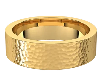 Flat hammered wedding ring in 14K yellow gold