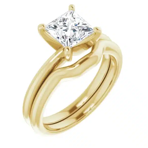Build your own Princess cut diamond engagement ring like this example in yellow gold with wedding ring