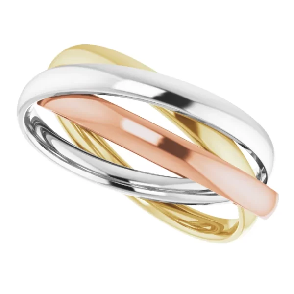 Make a rolling wedding ring like this with yellow white and rose gold