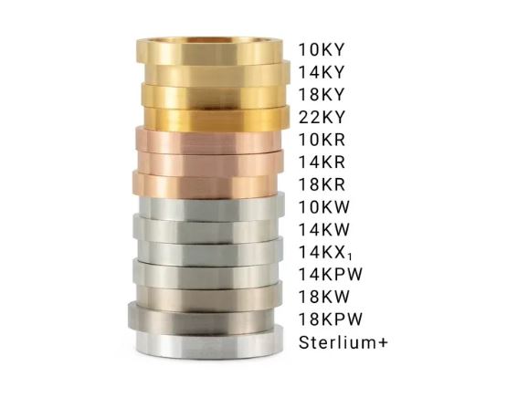 Gold color and karat comparison - stacked ring blanks in 10K to 22K yellow, rose, and white gold including palladium white at LaProng Jewelers in Carrollton, Texas