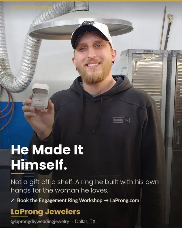 A customer holding the diamond engagement ring he made himself during LaProng's hands-on ring-making workshop near Dallas, Texas.