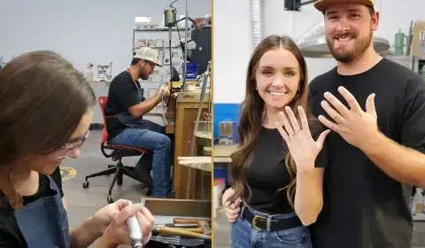 Couple polishing the wedding rings they made together in Texas