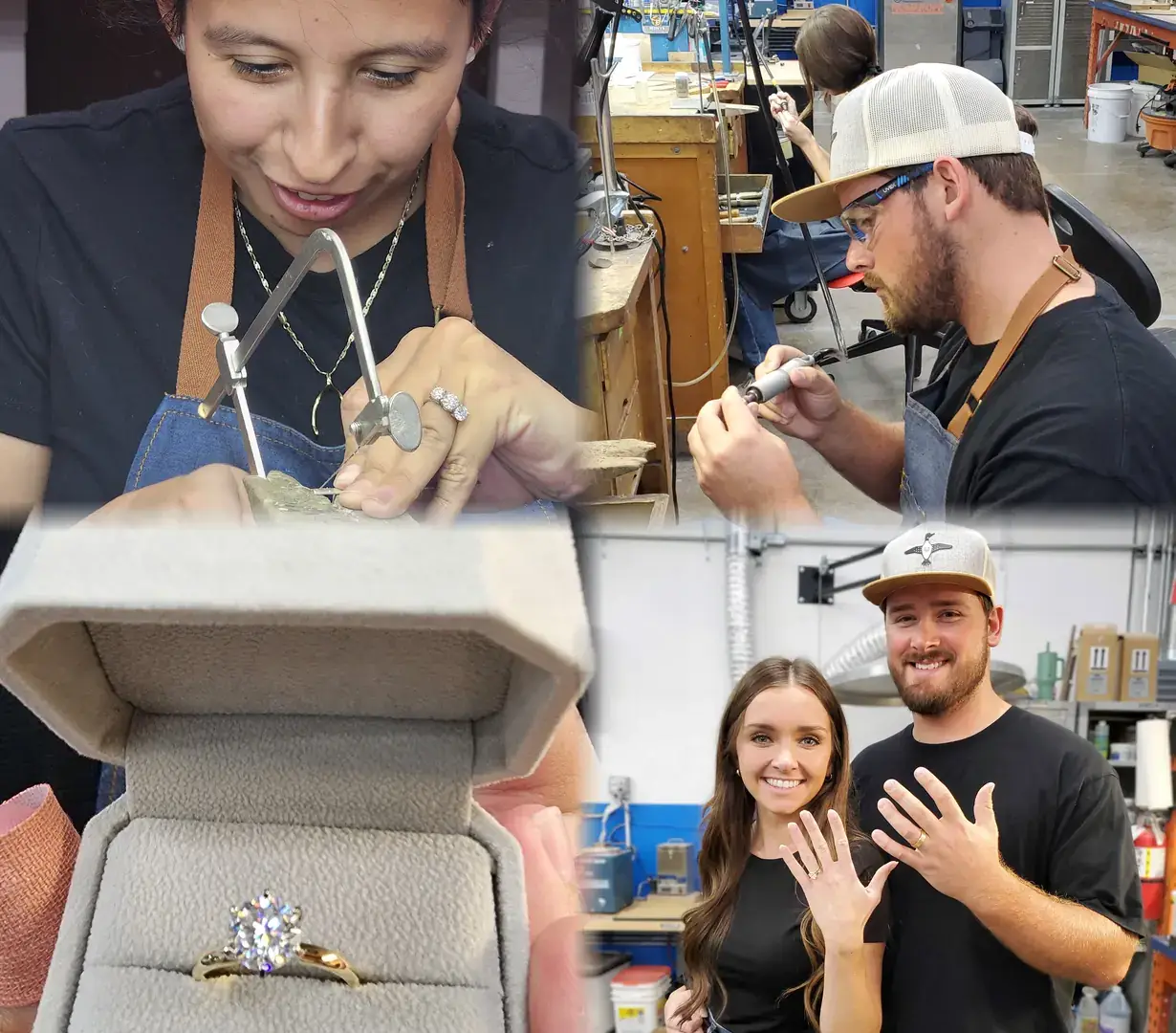 Jewelry workshop collage: sawing a ring at the bench, polishing a wedding band, a finished engagement ring in its box, and a couple showing the rings they made at LaProng in Dallas