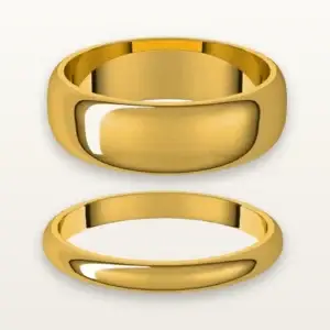 His and hers wedding ring set in deep 22K yellow gold, hand-fabricated at the LaProng workshop in Carrollton, Texas
